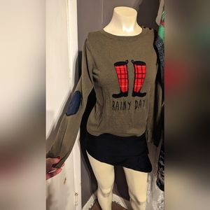 Talbots Olive Green sweater rain day boots plaid art graphic button patch large